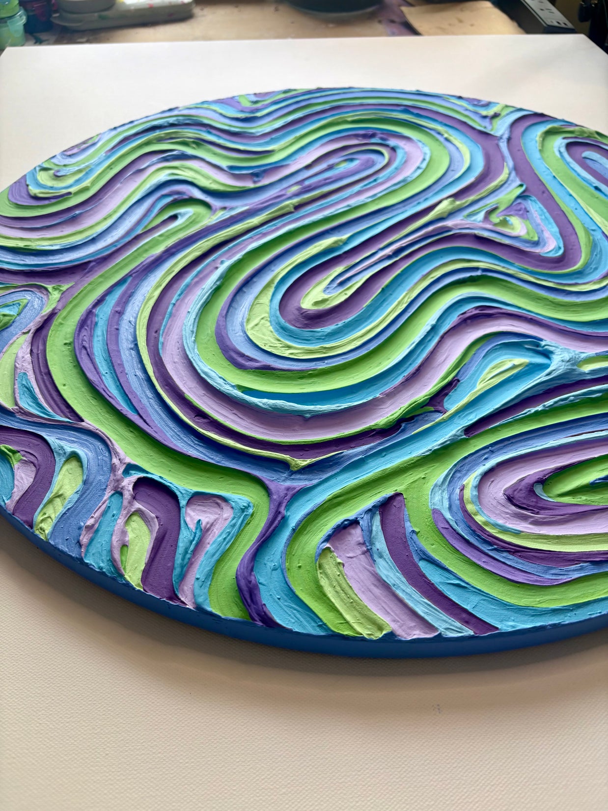 Wavy Textured Large Wall Art, Colorful Plaster Art on Round Canvas (24x24 in)