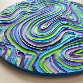 Wavy Textured Large Wall Art, Colorful Plaster Art on Round Canvas (24x24 in)