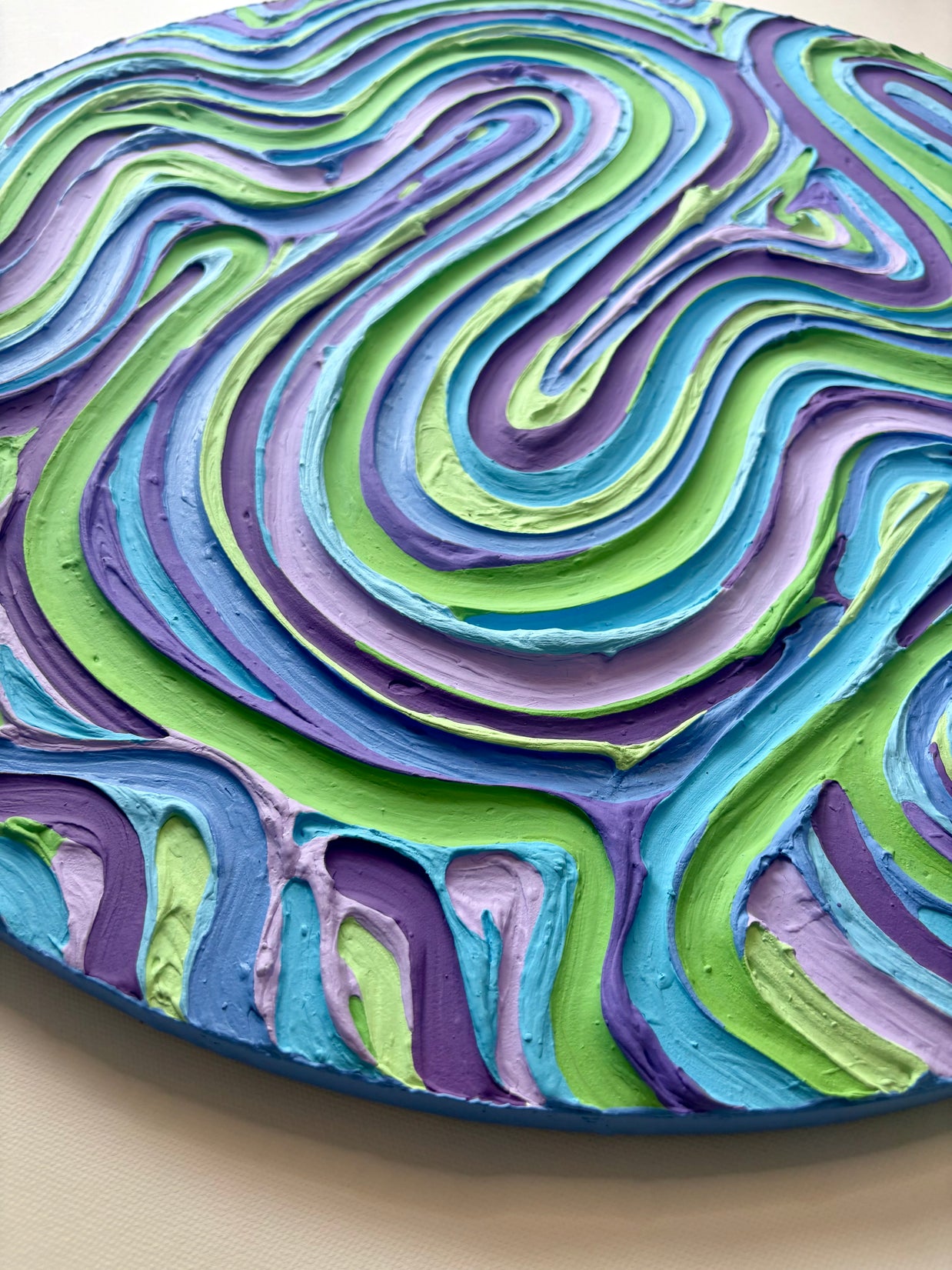 Wavy Textured Large Wall Art, Colorful Plaster Art on Round Canvas (24x24 in)