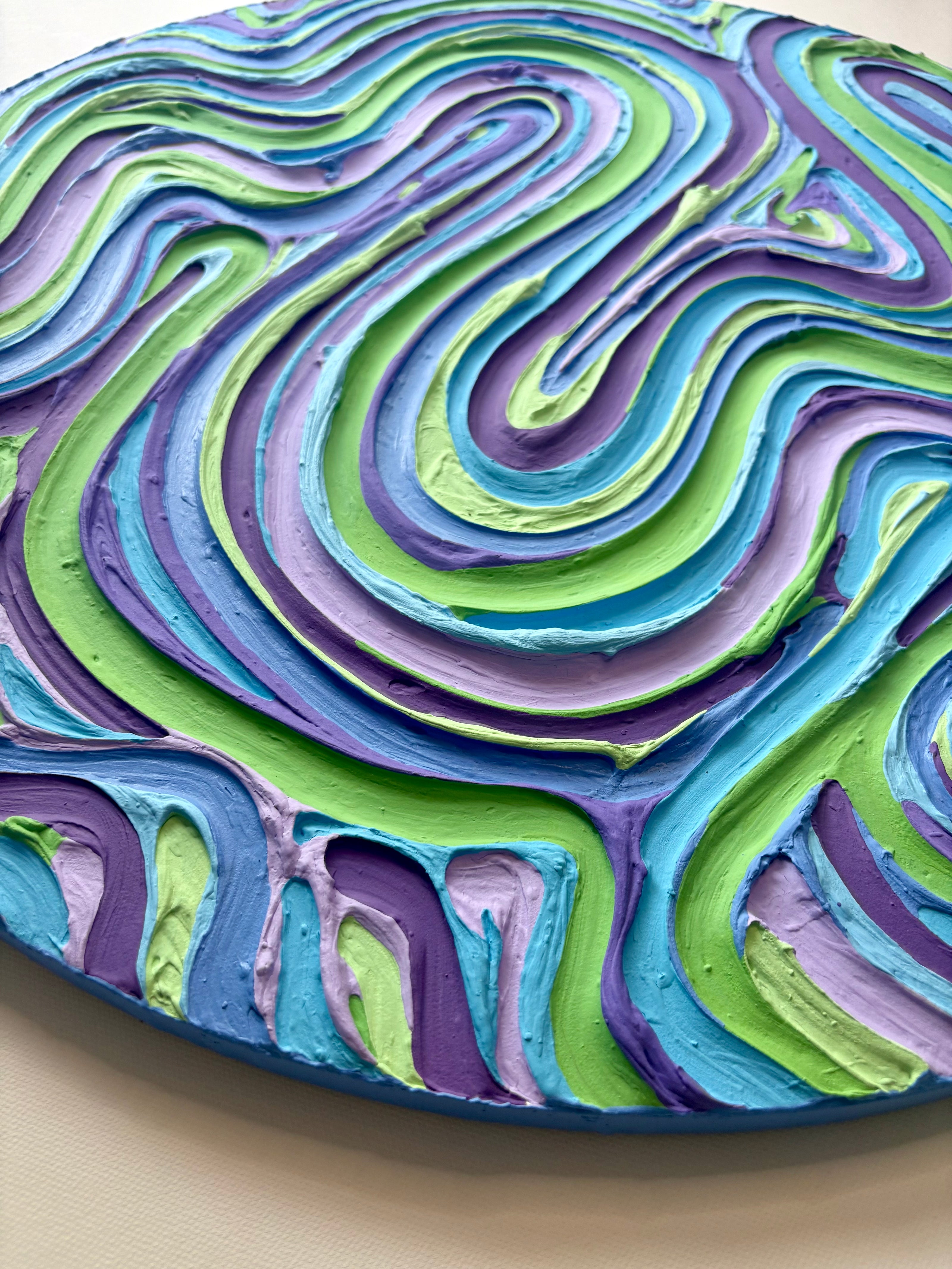 Wavy Textured Large Wall Art, Colorful Plaster Art on Round Canvas (24x24 in)