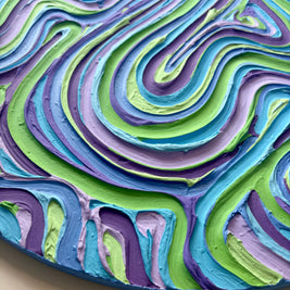 Wavy Textured Large Wall Art, Colorful Plaster Art on Round Canvas (24x24 in)