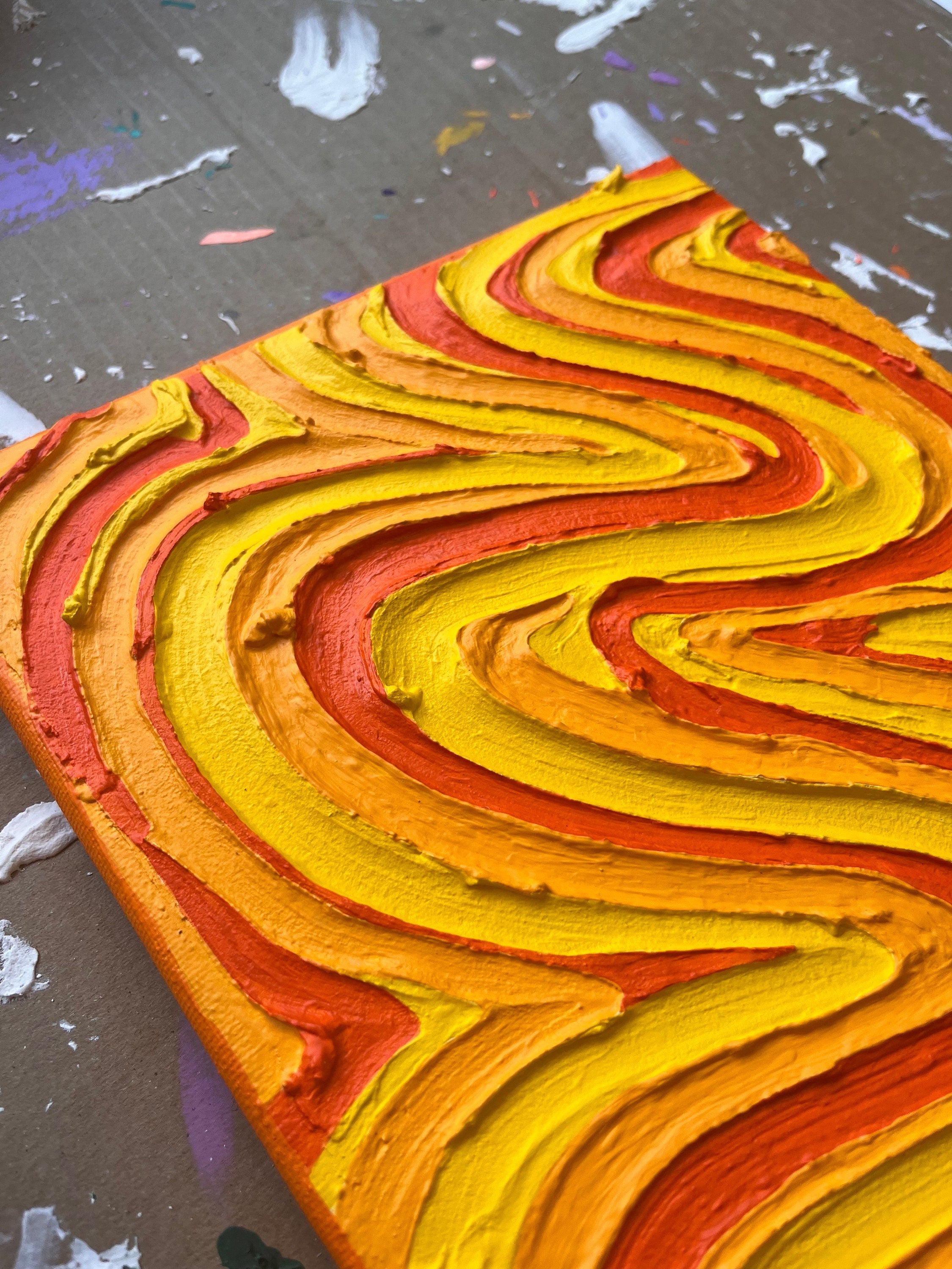 Yellow/Orange Groovy Textured Wall Art, Colorful Plaster Art on Canvas (8x10 in)