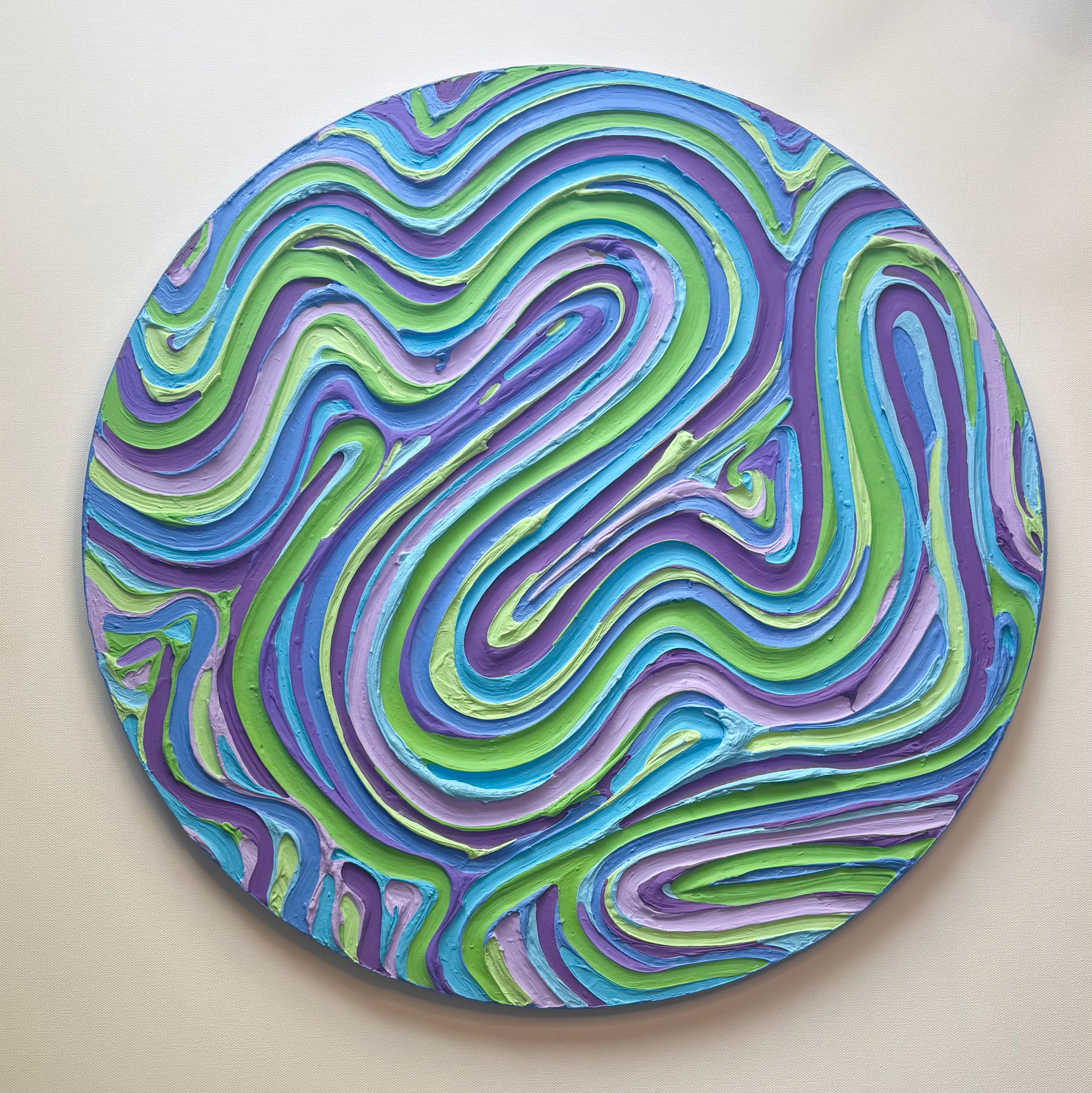 Wavy Textured Large Wall Art, Colorful Plaster Art on Round Canvas (24x24 in)