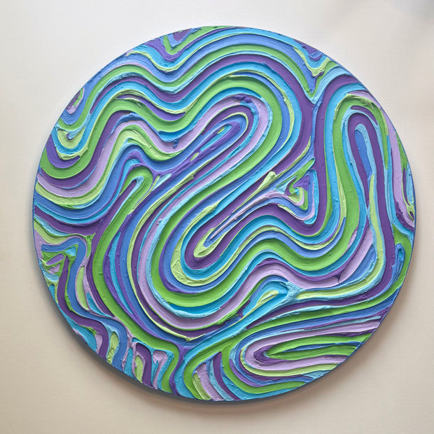 Wavy Textured Large Wall Art, Colorful Plaster Art on Round Canvas (24x24 in)