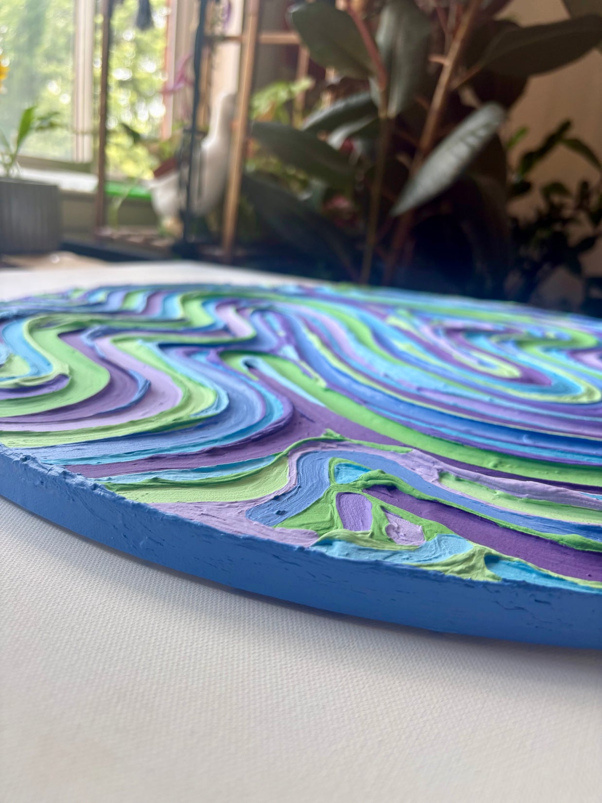 Wavy Textured Large Wall Art, Colorful Plaster Art on Round Canvas (24x24 in)