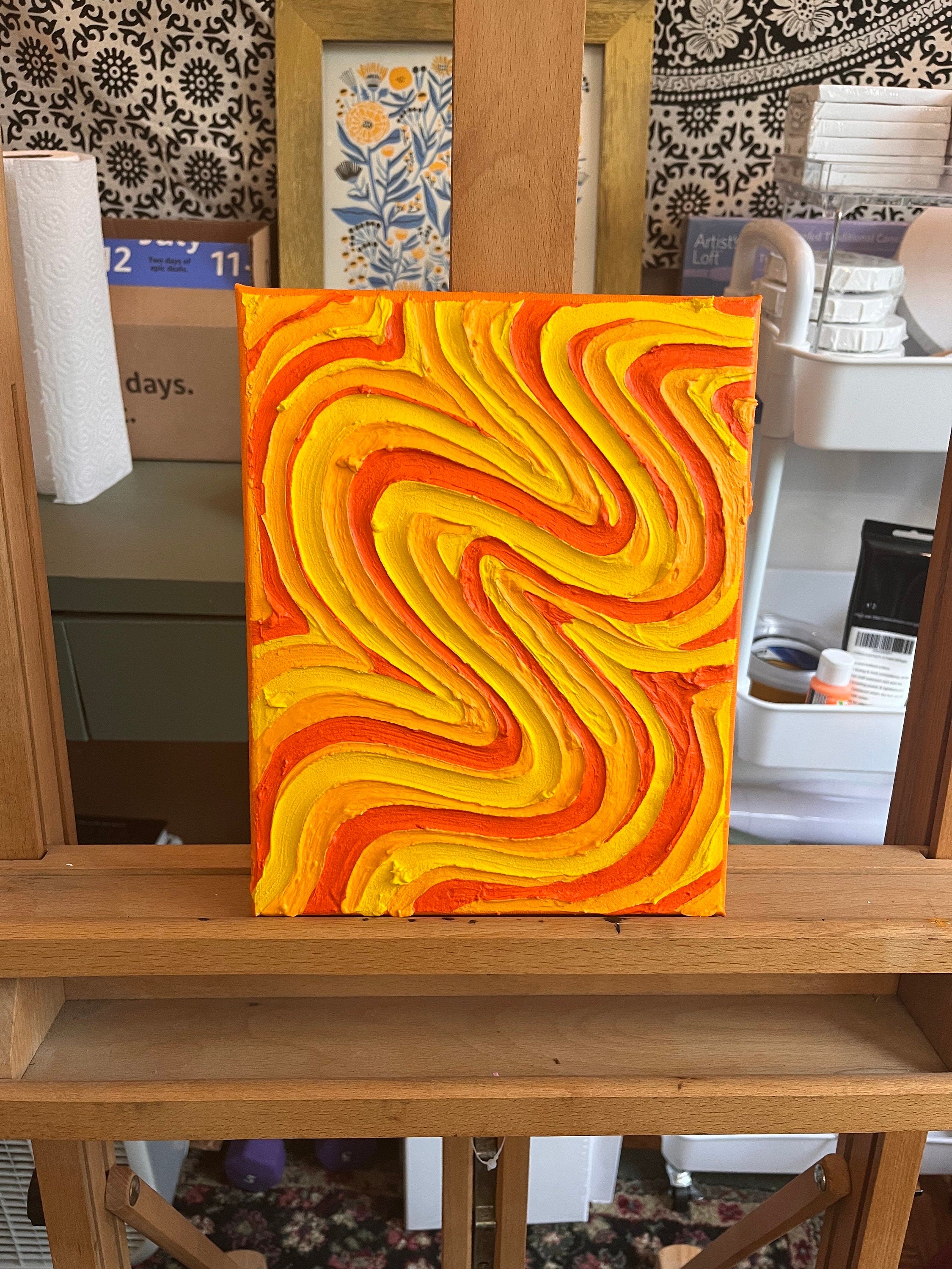 Yellow/Orange Groovy Textured Wall Art, Colorful Plaster Art on Canvas (8x10 in)