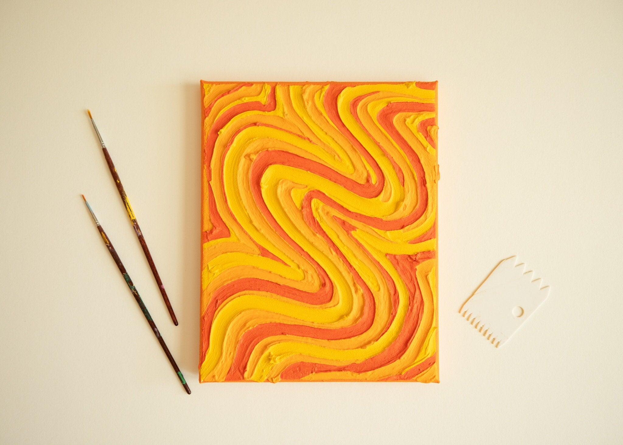 Yellow/Orange Groovy Textured Wall Art, Colorful Plaster Art on Canvas (8x10 in)