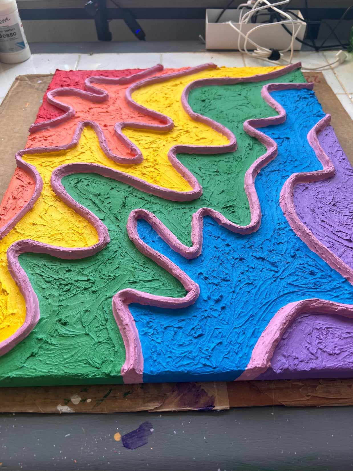 Rainbow Pride Textured Large Wall Art, Colorful Plaster Art on Canvas (16x20 in)