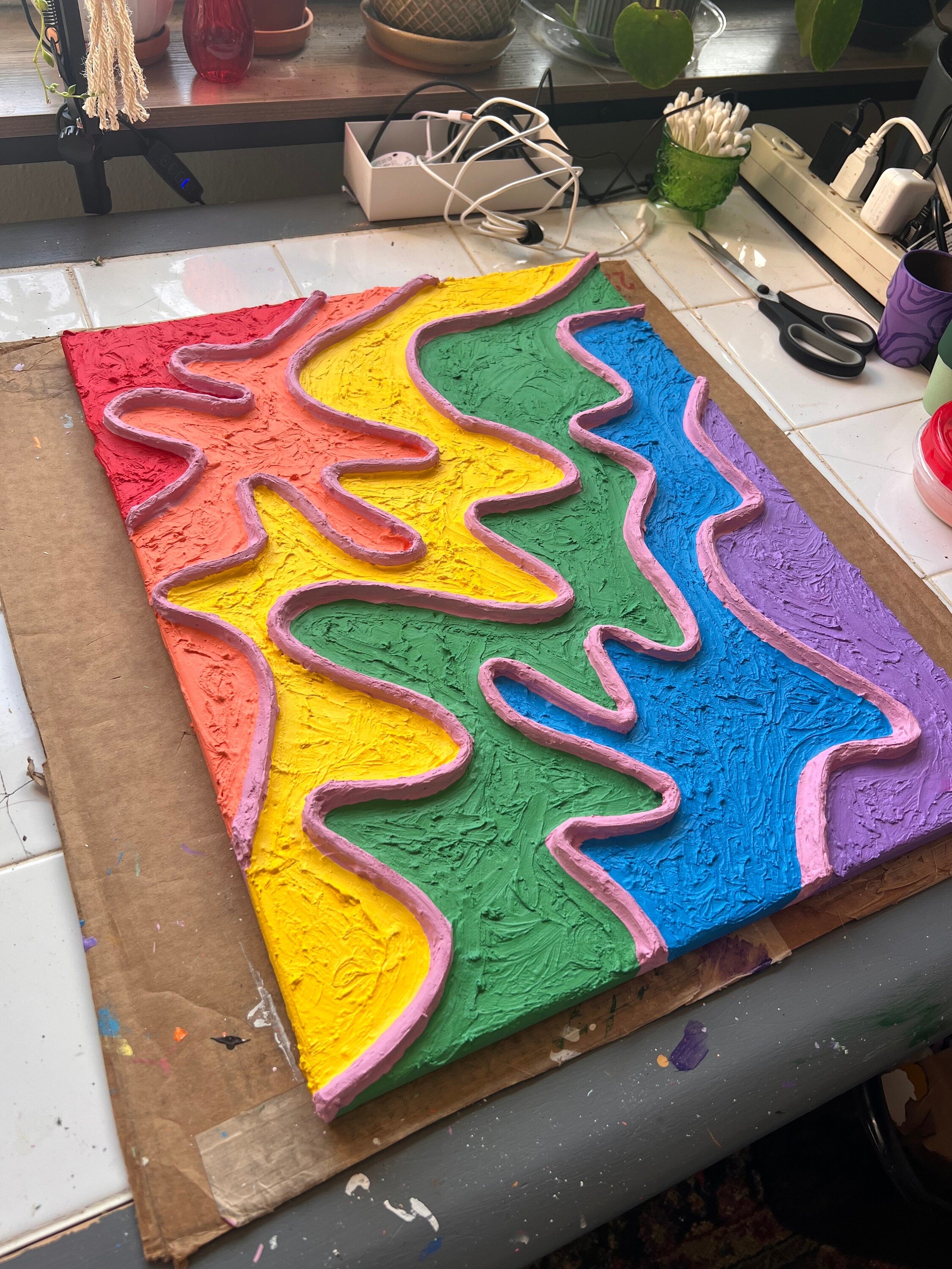 Rainbow Pride Textured Large Wall Art, Colorful Plaster Art on Canvas (16x20 in)