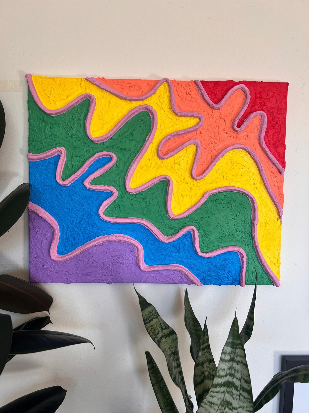 Rainbow Pride Textured Large Wall Art, Colorful Plaster Art on Canvas (16x20 in)