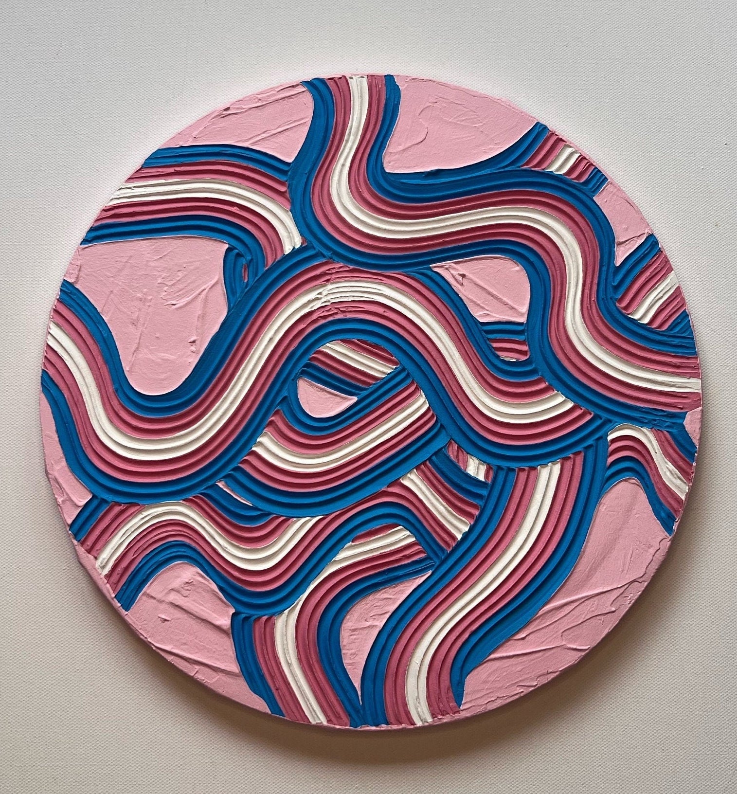 Trans Pride Textured Wall Art, Colorful Plaster Art on Circle Canvas (12x12 in)
