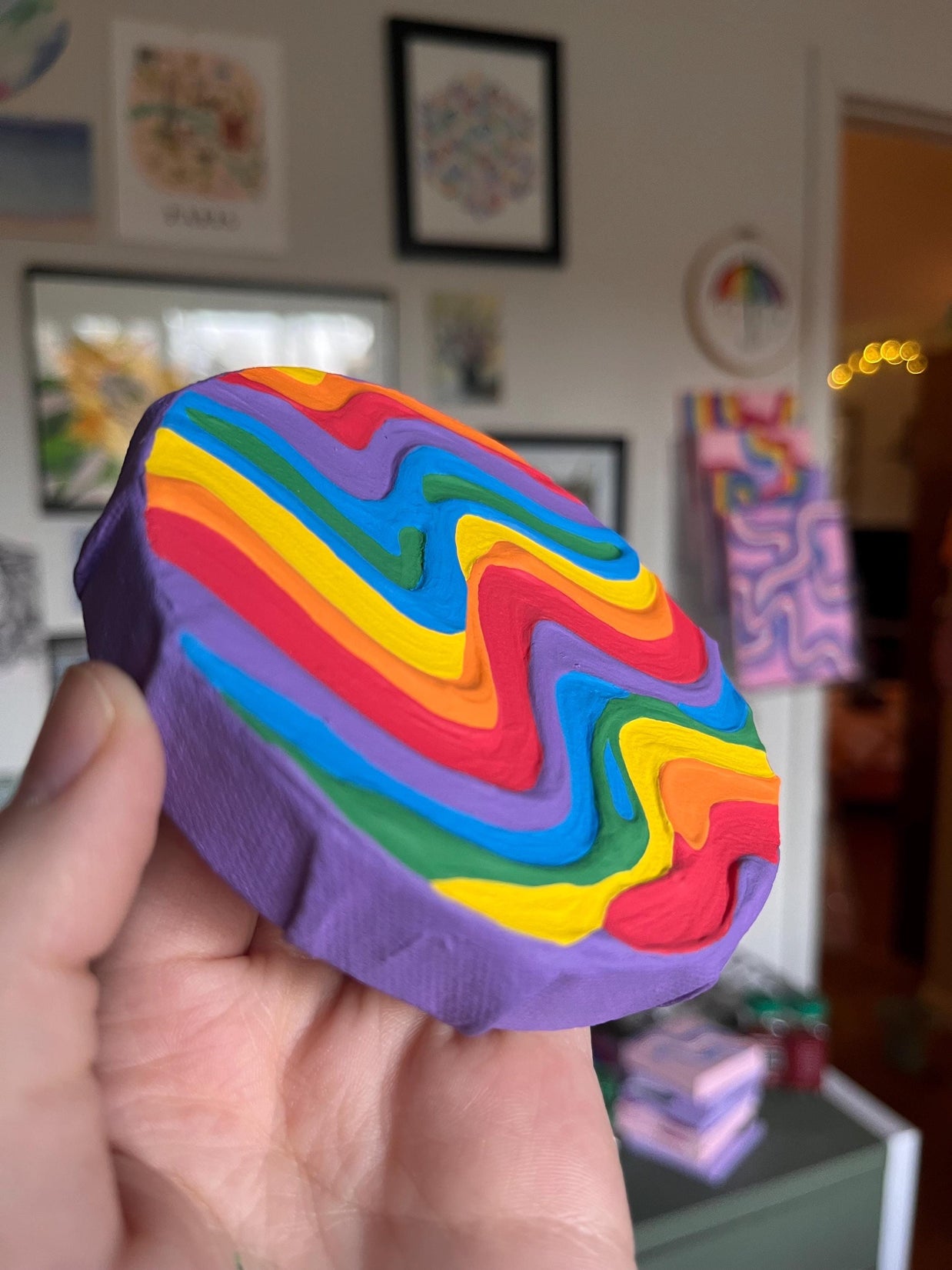 Mini Rainbow Pride Textured Painting, 4x4 Circle Canvas w/ Mini Easel