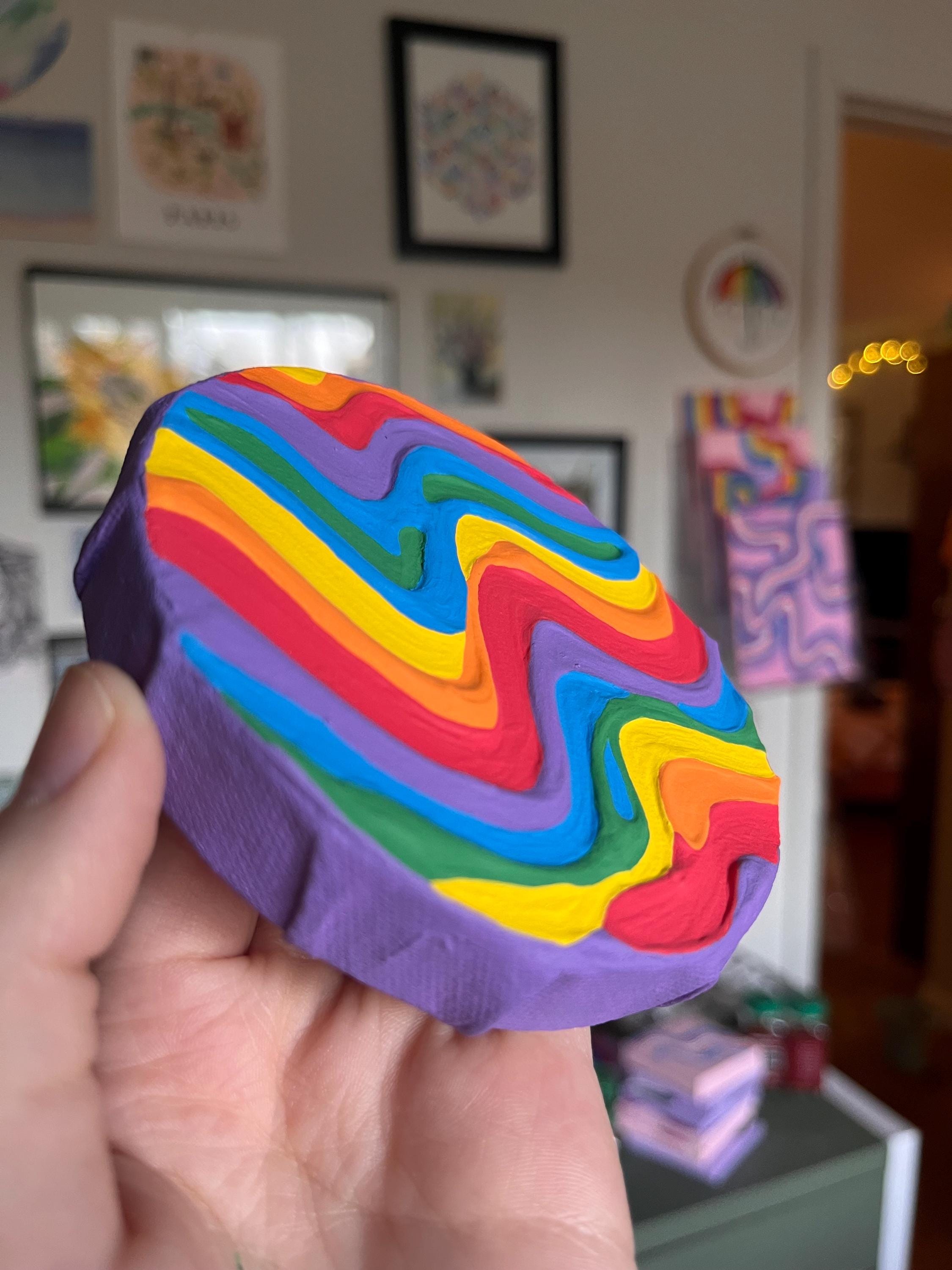 Mini Rainbow Pride Textured Painting, 4x4 Circle Canvas w/ Mini Easel