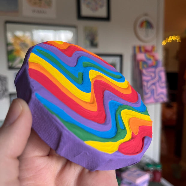 Mini Rainbow Pride Textured Painting, 4x4 Circle Canvas w/ Mini Easel