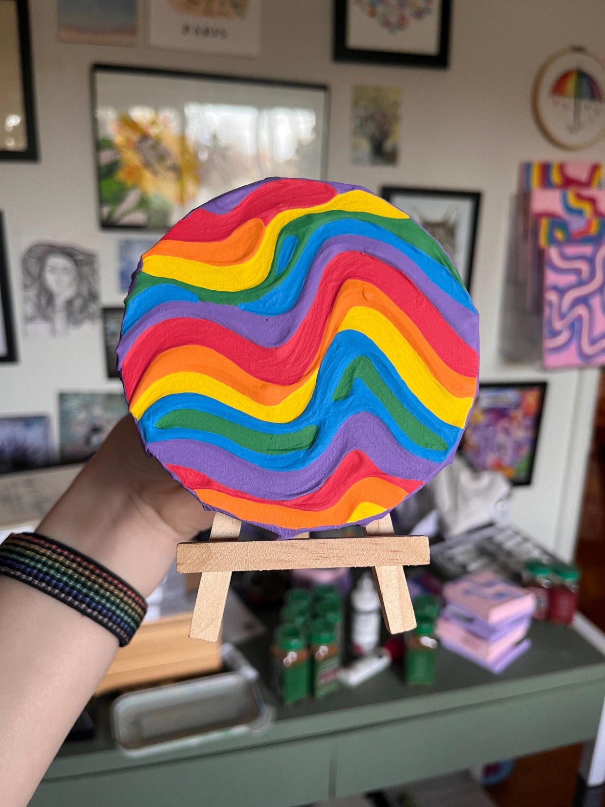 Mini Rainbow Pride Textured Painting, 4x4 Circle Canvas w/ Mini Easel