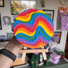 Mini Rainbow Pride Textured Painting, 4x4 Circle Canvas w/ Mini Easel