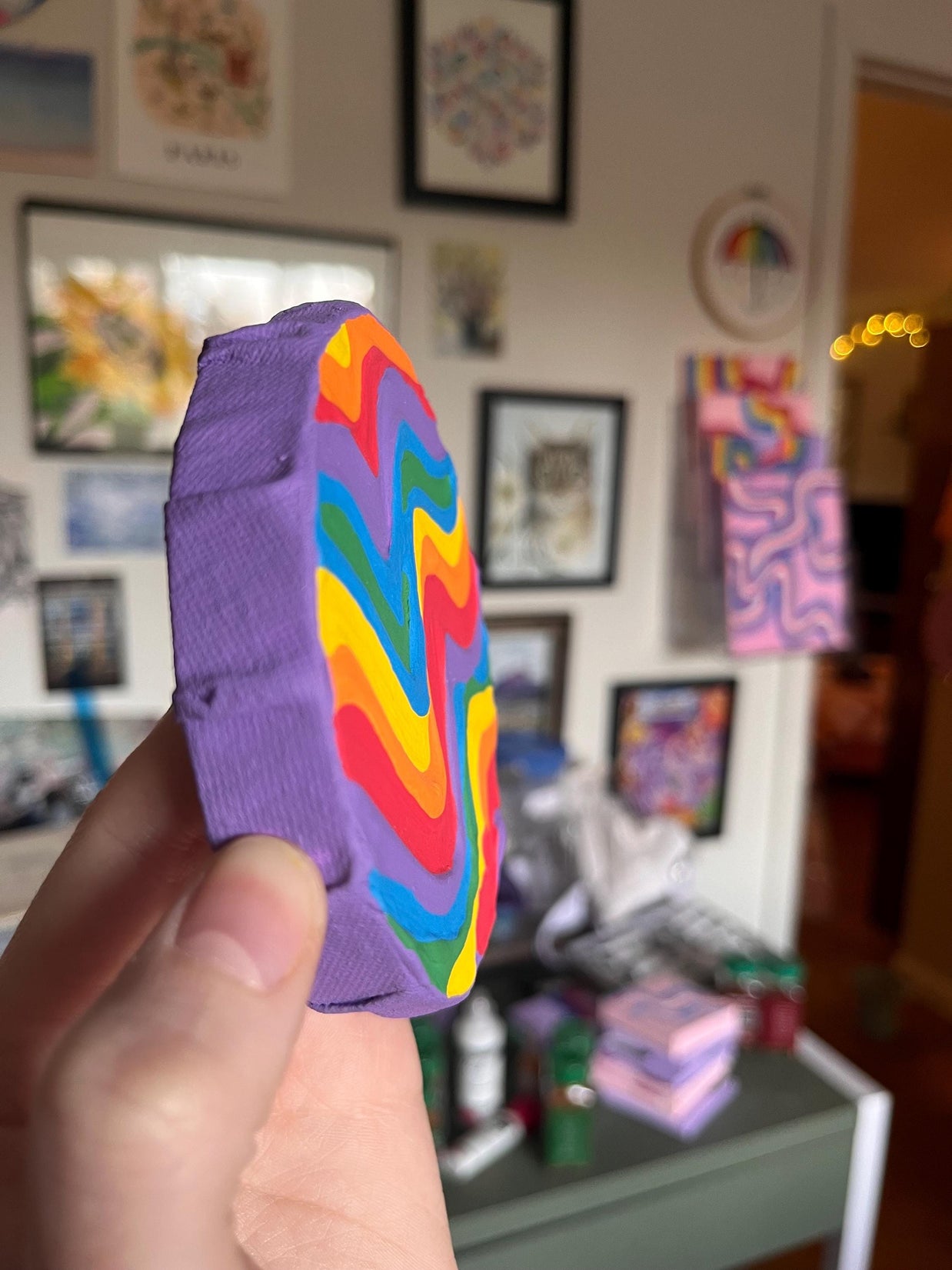 Mini Rainbow Pride Textured Painting, 4x4 Circle Canvas w/ Mini Easel
