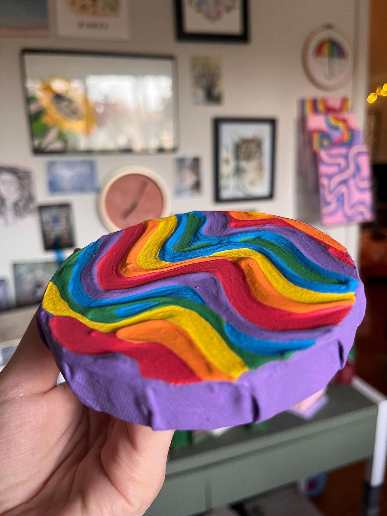 Mini Rainbow Pride Textured Painting, 4x4 Circle Canvas w/ Mini Easel