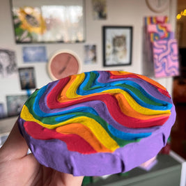 Mini Rainbow Pride Textured Painting, 4x4 Circle Canvas w/ Mini Easel