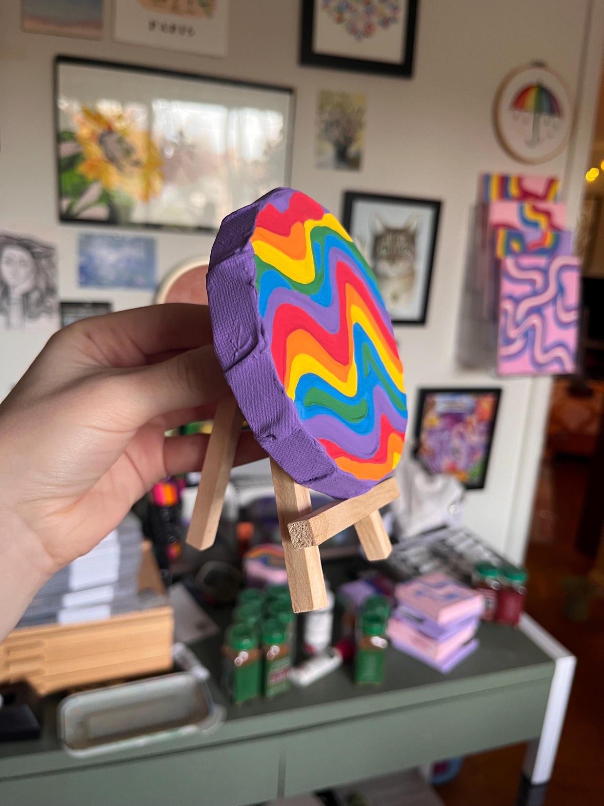 Mini Rainbow Pride Textured Painting, 4x4 Circle Canvas w/ Mini Easel