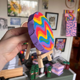 Mini Rainbow Pride Textured Painting, 4x4 Circle Canvas w/ Mini Easel