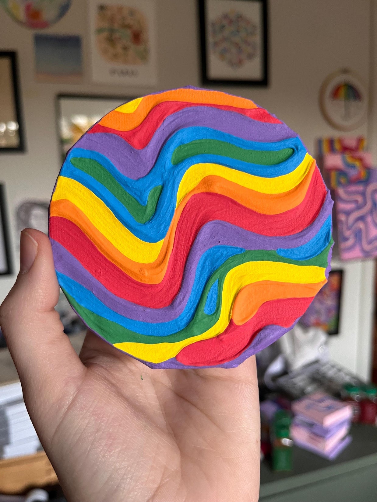 Mini Rainbow Pride Textured Painting, 4x4 Circle Canvas w/ Mini Easel