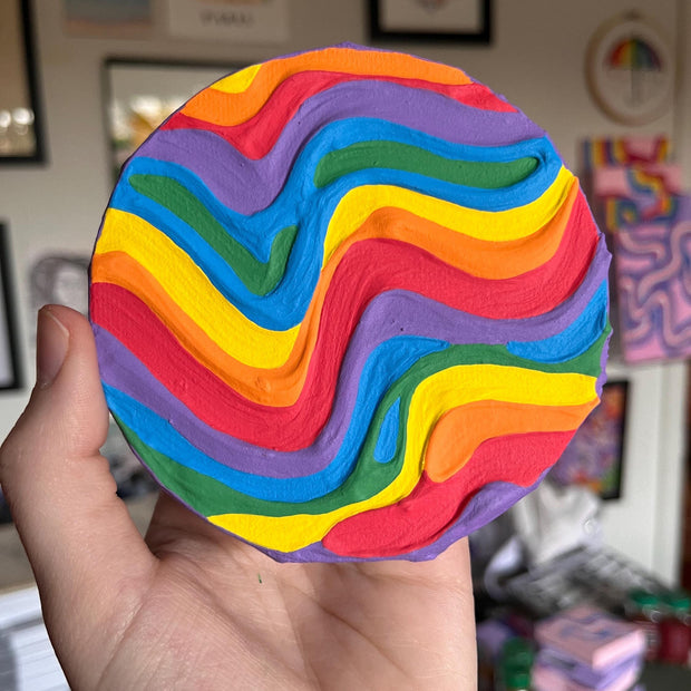 Mini Rainbow Pride Textured Painting, 4x4 Circle Canvas w/ Mini Easel