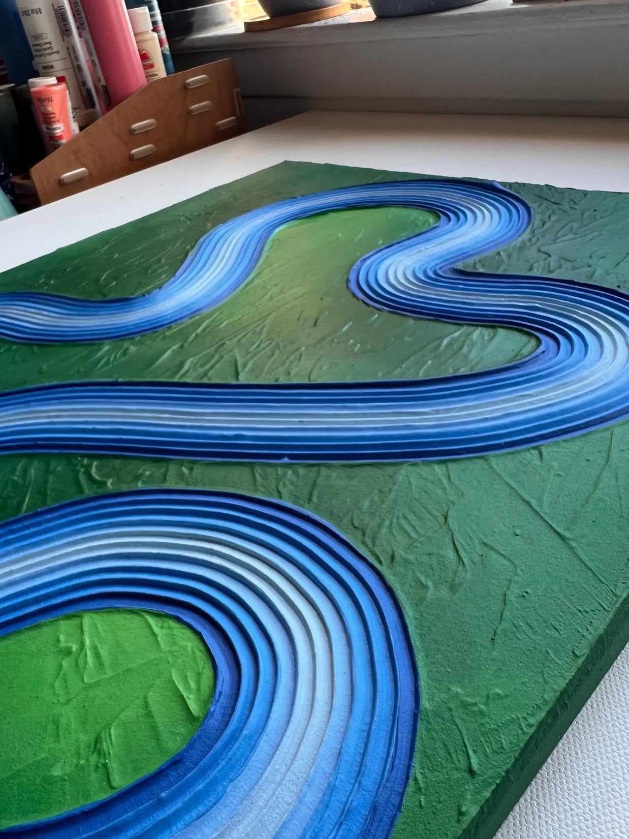 Groovy Blue/Green Textured Painting (18x24 in)