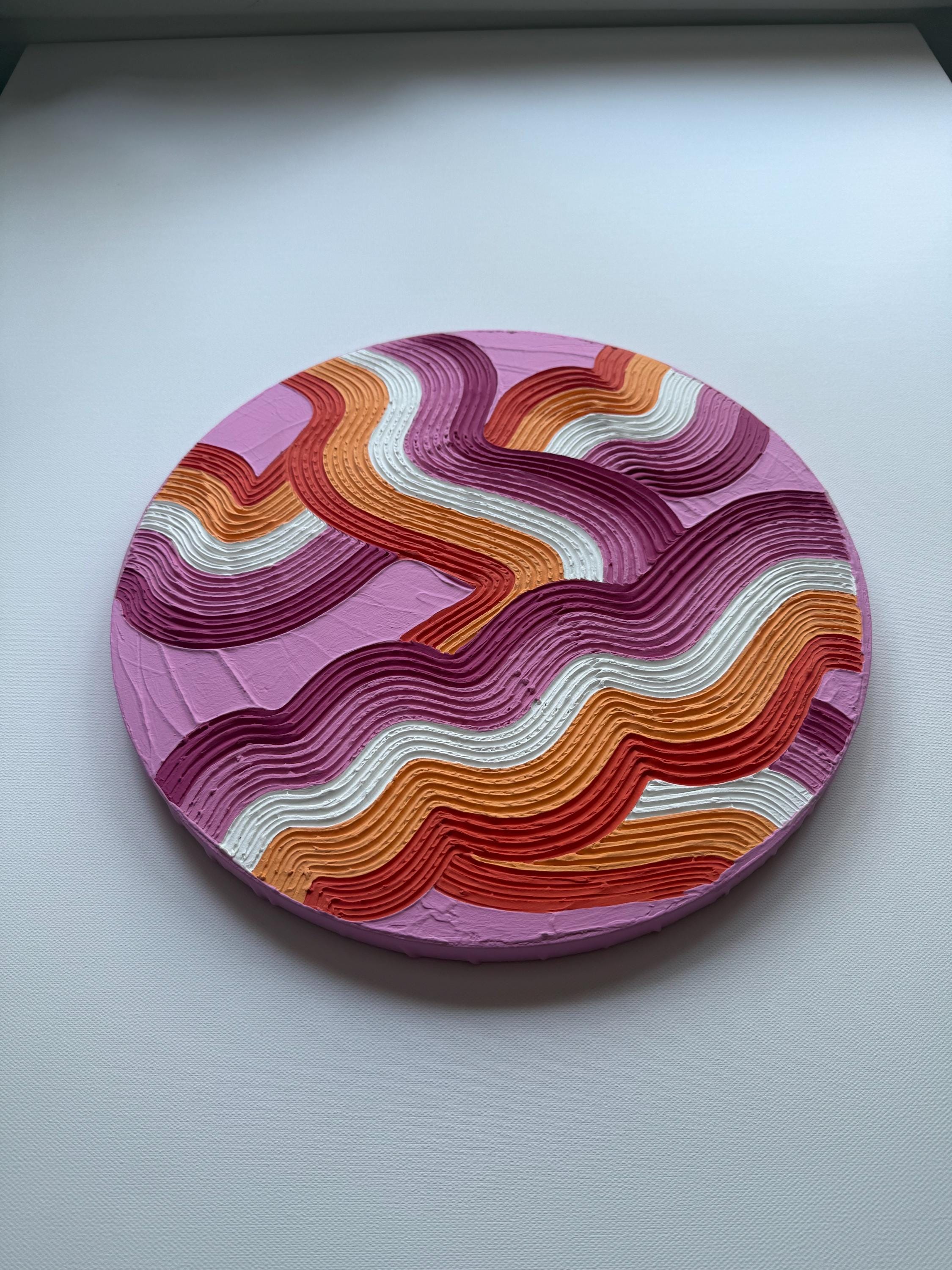 Lesbian Pride Textured Wall Art, Colorful Plaster Art on Circle Canvas (14x14 in)