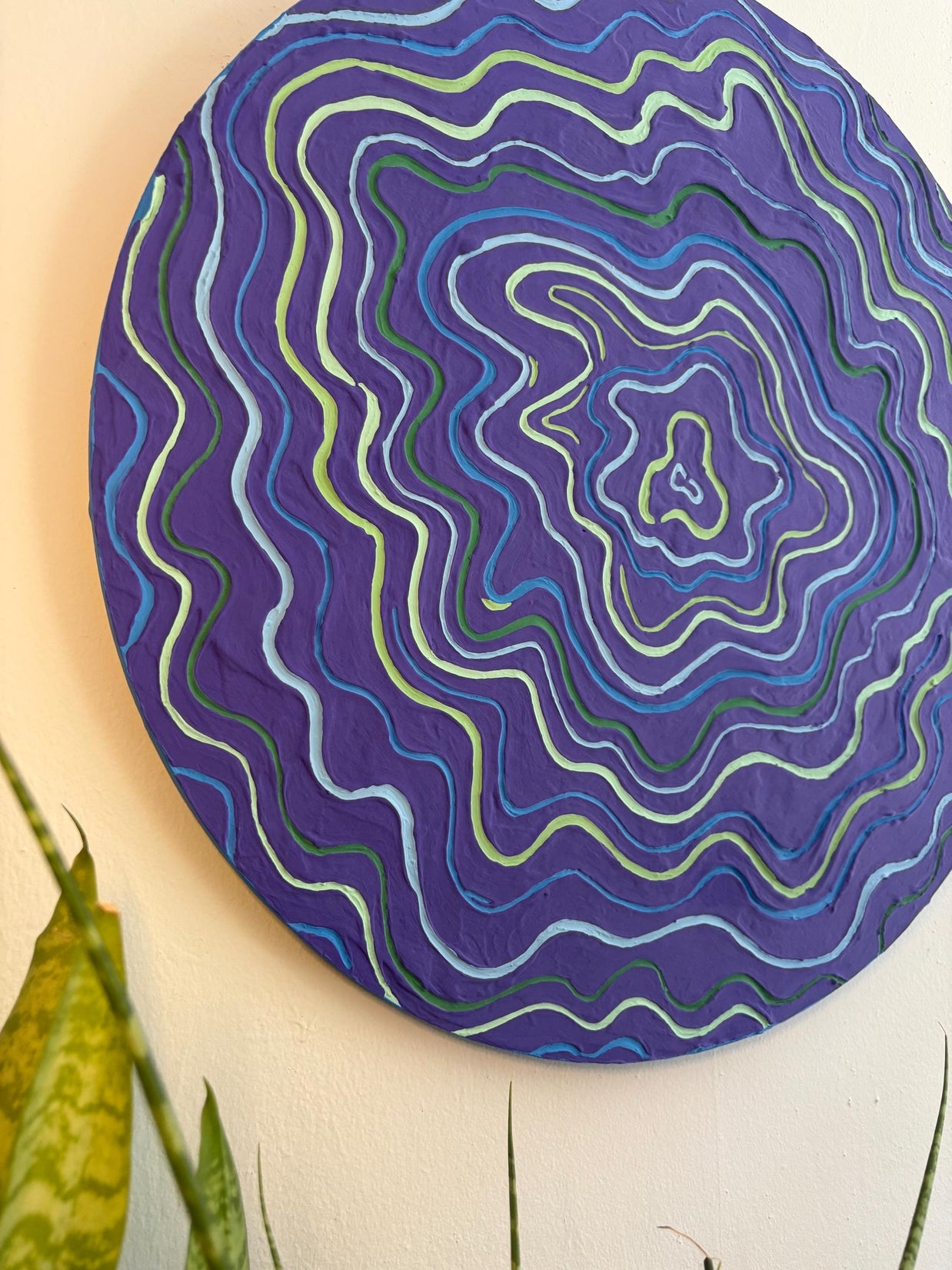 Groovy Textured Large Wall Art, Colorful Plaster Art on Round Canvas (24x24 in)