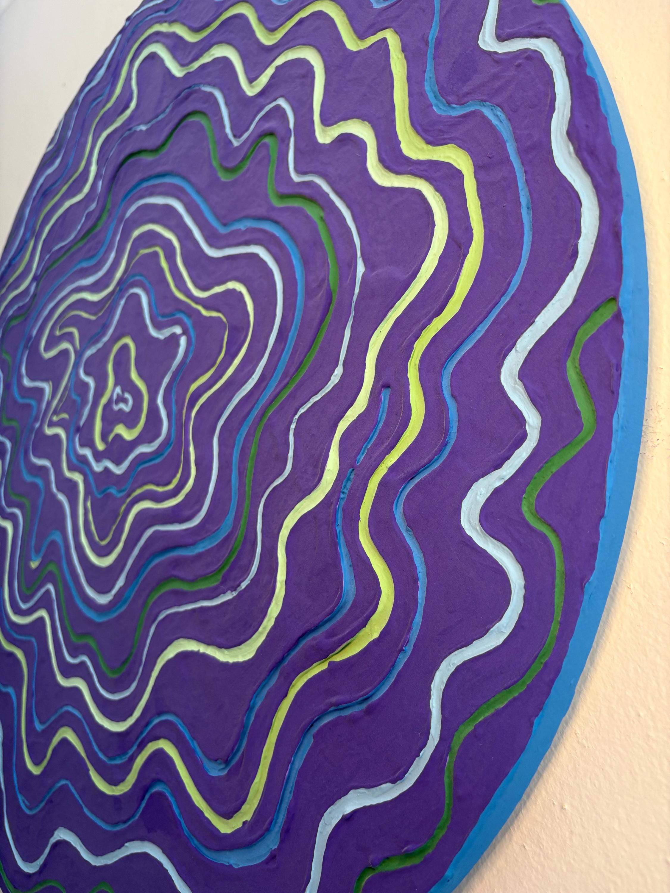 Groovy Textured Large Wall Art, Colorful Plaster Art on Round Canvas (24x24 in)
