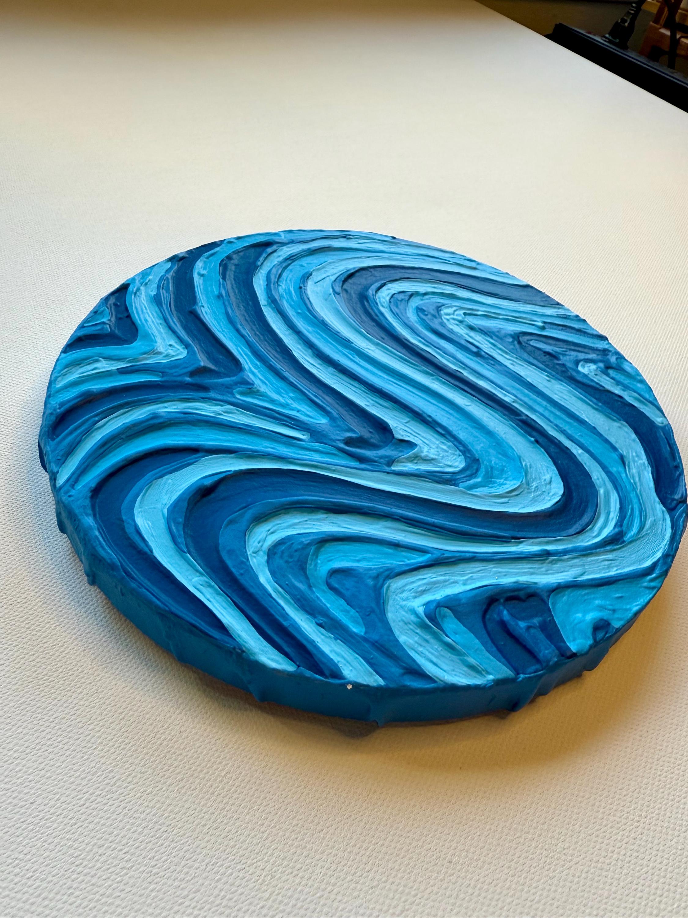 Blue Groovy Textured Wall Art, Colorful Plaster Art on Circle Canvas (8x8 in)