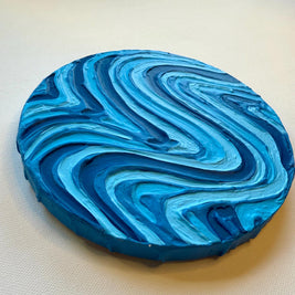 Blue Groovy Textured Wall Art, Colorful Plaster Art on Circle Canvas (8x8 in)