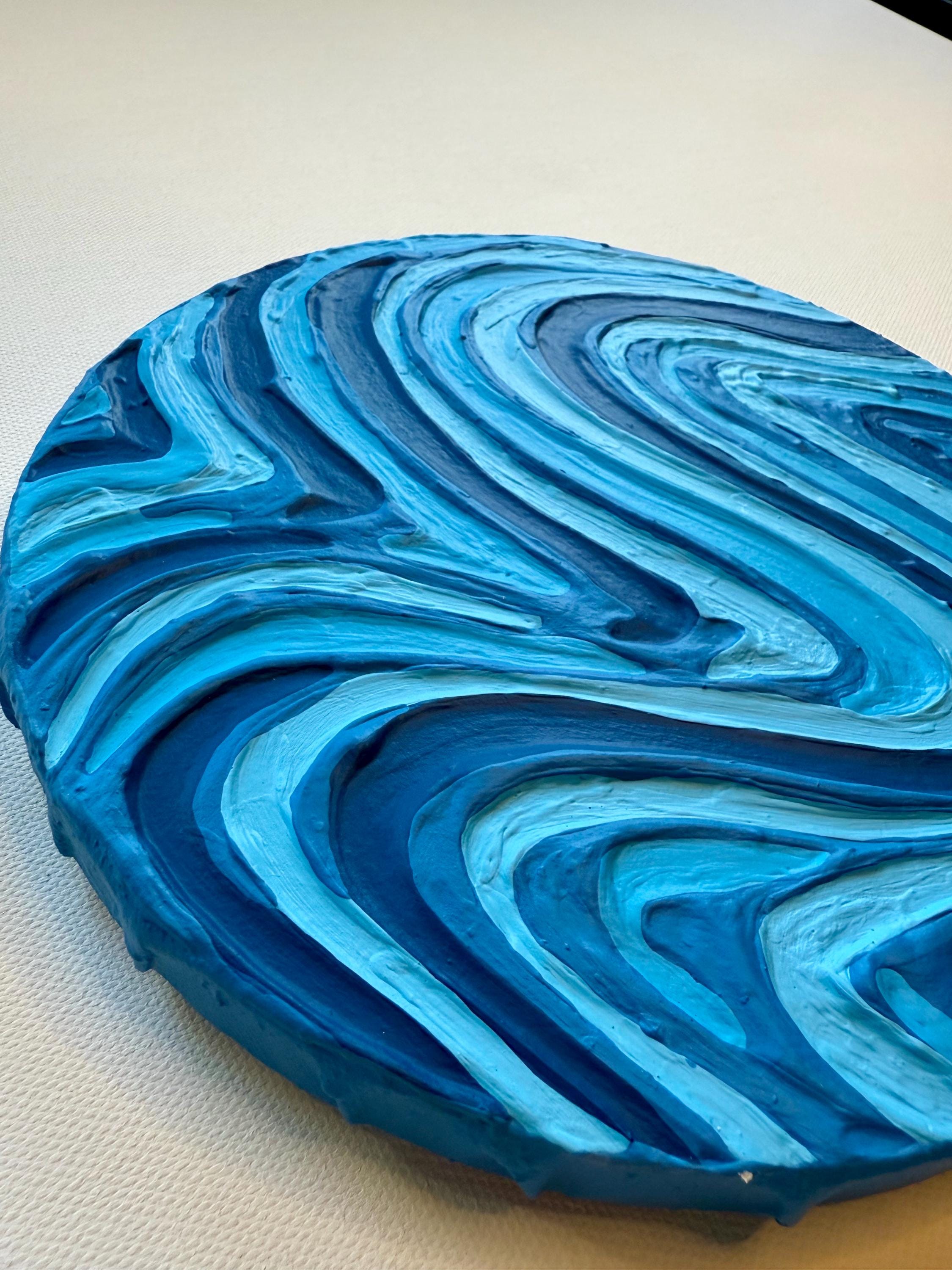 Blue Groovy Textured Wall Art, Colorful Plaster Art on Circle Canvas (8x8 in)
