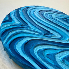 Blue Groovy Textured Wall Art, Colorful Plaster Art on Circle Canvas (8x8 in)