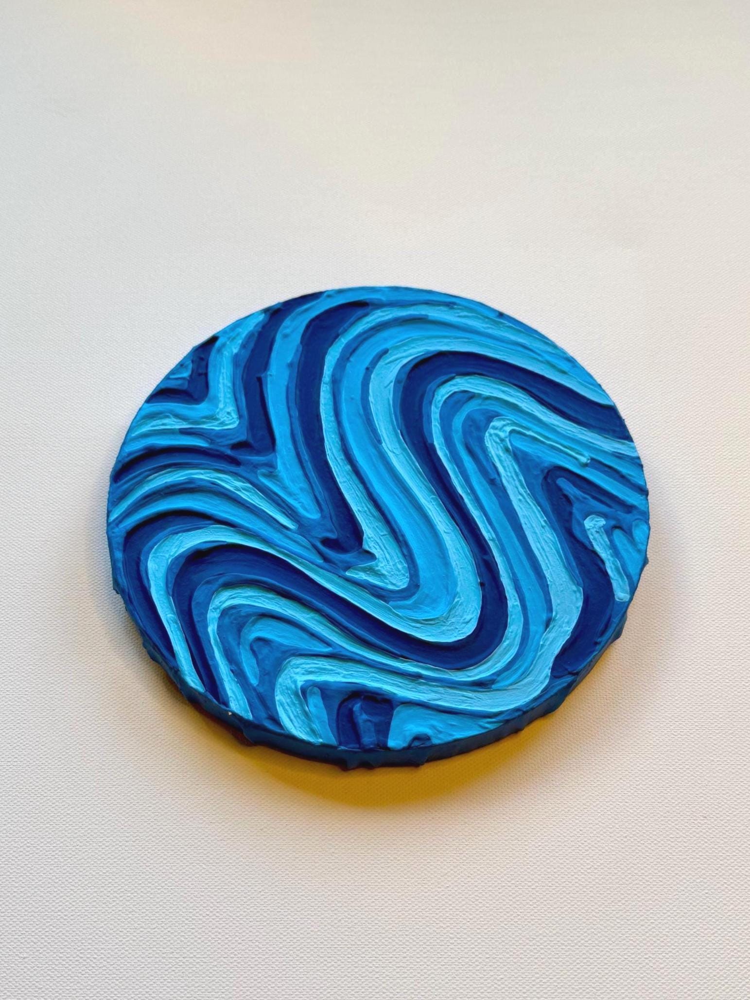 Blue Groovy Textured Wall Art, Colorful Plaster Art on Circle Canvas (8x8 in)