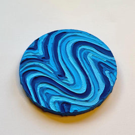 Blue Groovy Textured Wall Art, Colorful Plaster Art on Circle Canvas (8x8 in)