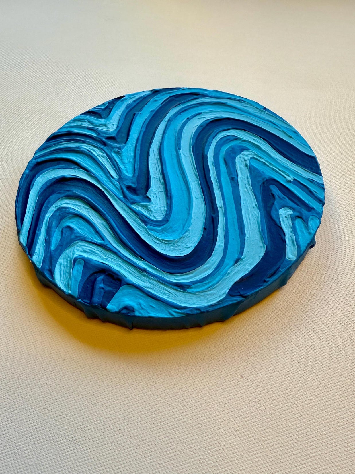 Blue Groovy Textured Wall Art, Colorful Plaster Art on Circle Canvas (8x8 in)