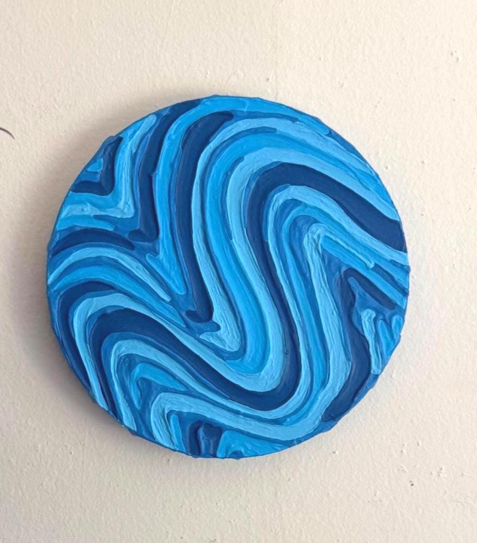 Blue Groovy Textured Wall Art, Colorful Plaster Art on Circle Canvas (8x8 in)