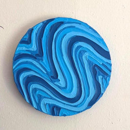 Blue Groovy Textured Wall Art, Colorful Plaster Art on Circle Canvas (8x8 in)