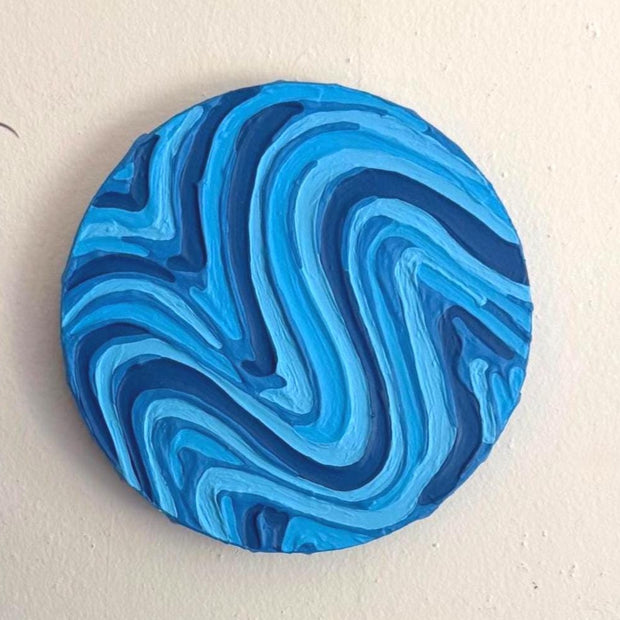 Blue Groovy Textured Wall Art, Colorful Plaster Art on Circle Canvas (8x8 in)