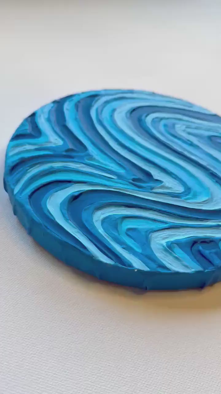 Blue Groovy Textured Wall Art, Colorful Plaster Art on Circle Canvas (8x8 in)