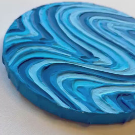 Blue Groovy Textured Wall Art, Colorful Plaster Art on Circle Canvas (8x8 in)